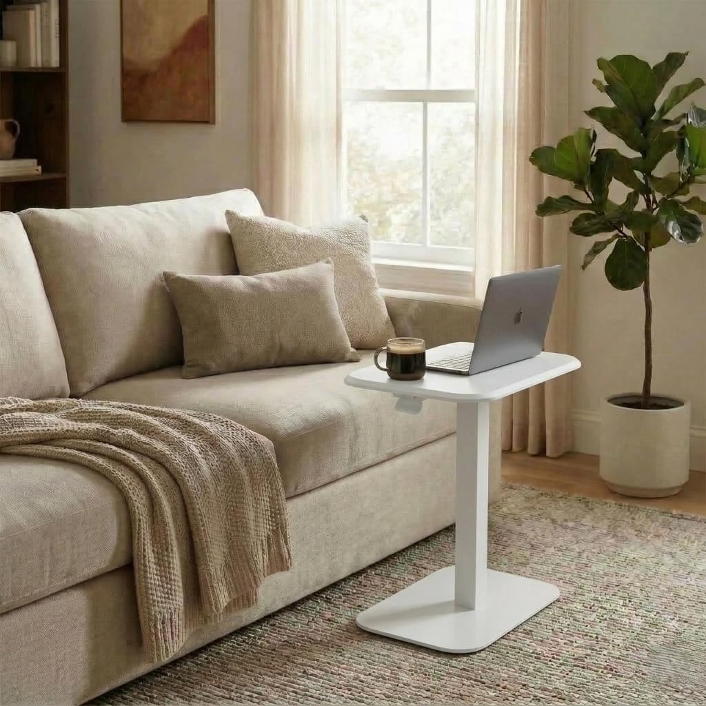 Ergohome™ ELEVANCE Table™ Height Adjustable Minimalist Tables, Laptop Desk, Living Room, Small Side Table, Drink Coffee End Table, Sofa Table, Study and Small Spaces (White Base Cloud White Top)