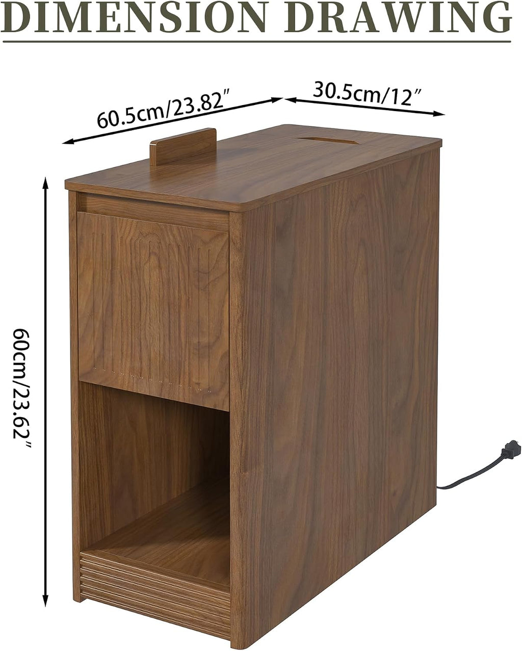 Narrow Side Table with Charging Station, End Table with Storage, Drawer and Wheels, Flip Top Small Modern Nightstand with USB Ports and Outlets for Living Room, Bedroom, Office (Walnut)
