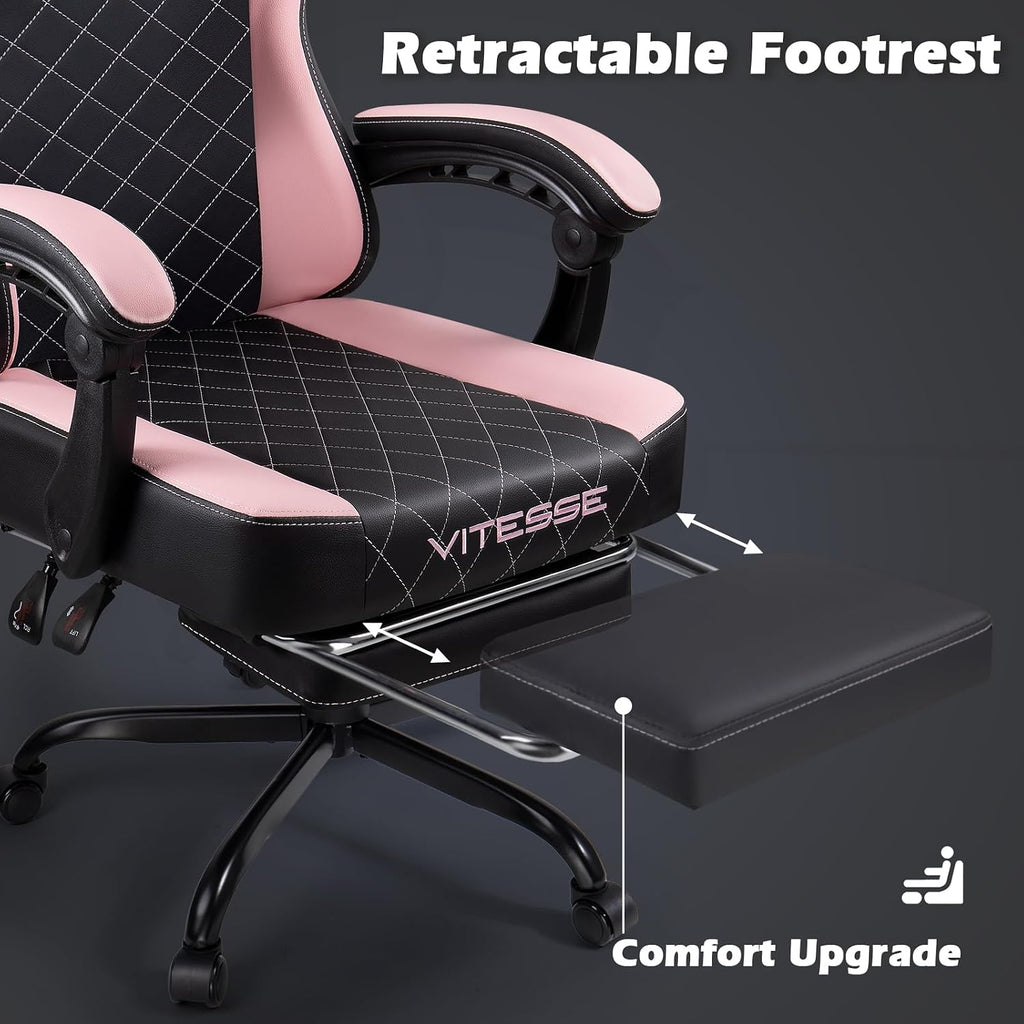 PUKAMI Gaming Chair with Footrest,Ergonomic Gamer Chair for Adults, Racing Style Reclining Computer Game Chair with Headrest and Lumbar Support (Pink)