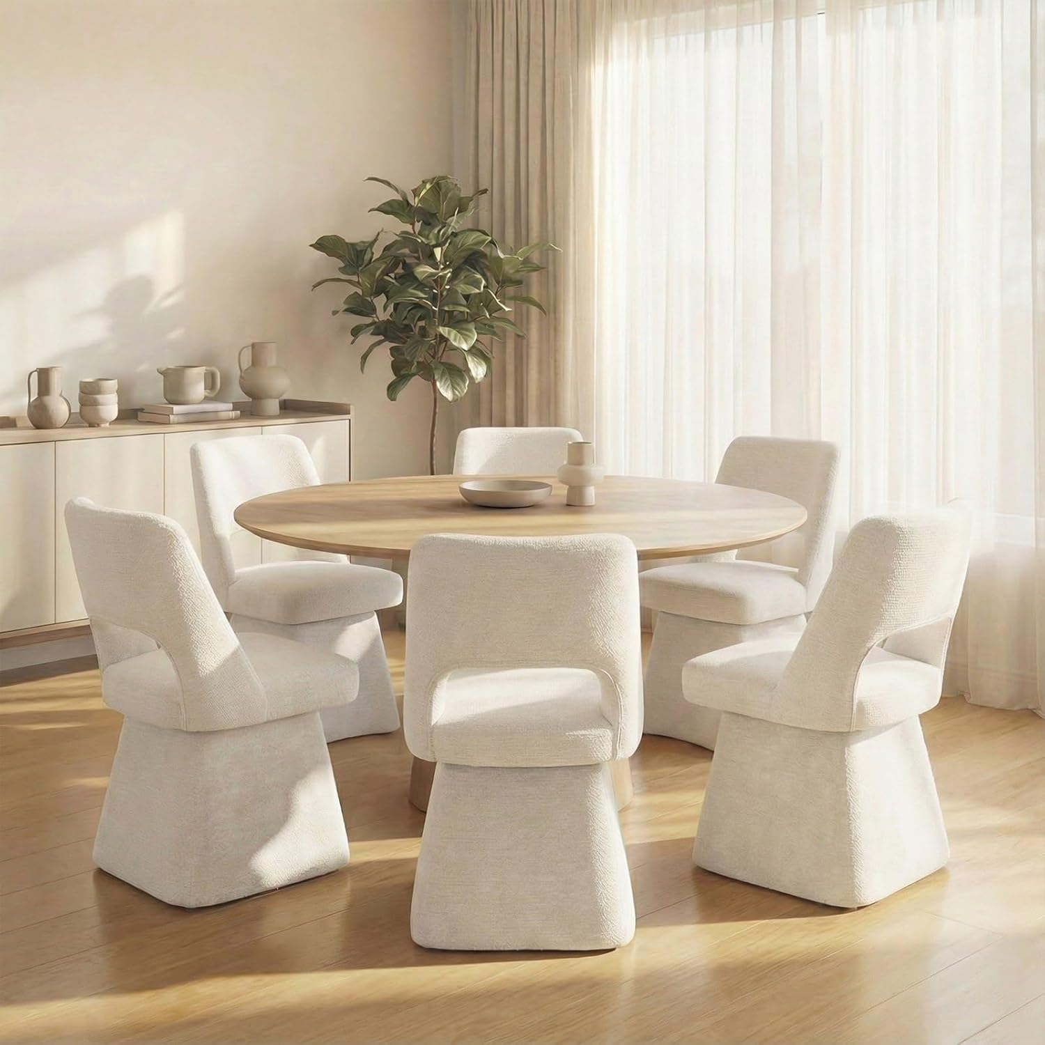 VKNOW Upholstered Swivel Dining Chairs, Modern Dining Room Chairs with Open Back, Chenille Fabric Kitchen Chairs for Dining Room, Living Room, Bedroom, Vanity, Beige(1 Pack)
