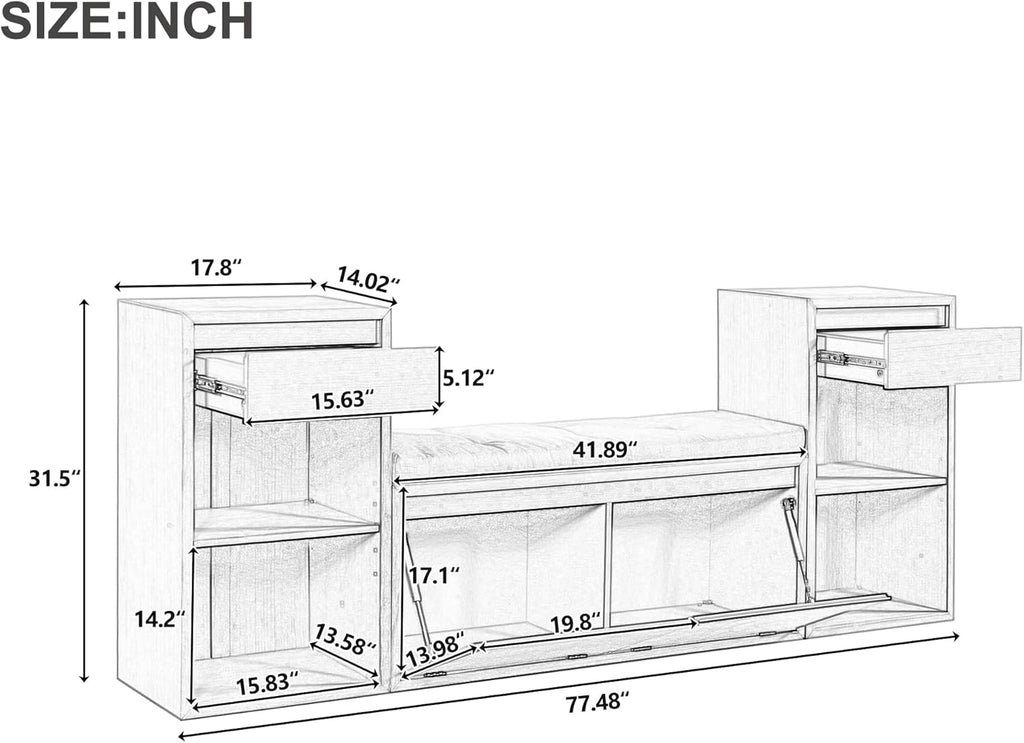 Entryway Bench with Shoe Storage, Solid Wood Shoe Bench with Cushion and Drawers, Open Shelves, Storage Bench for Entry Way, Living Room, Hallway, White