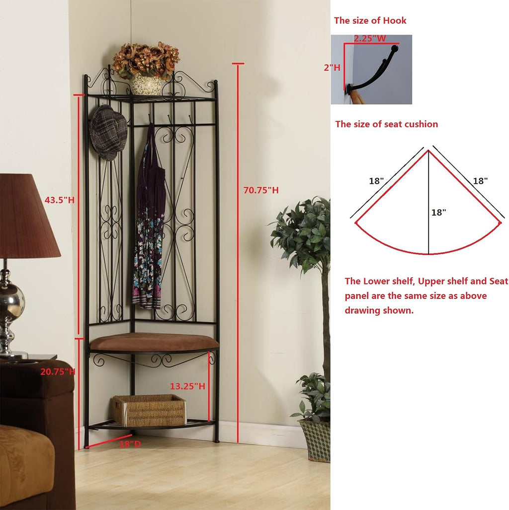 Kings Brand Black Metal Corner Entryway Hallway Rack with Bench & 6 Hooks