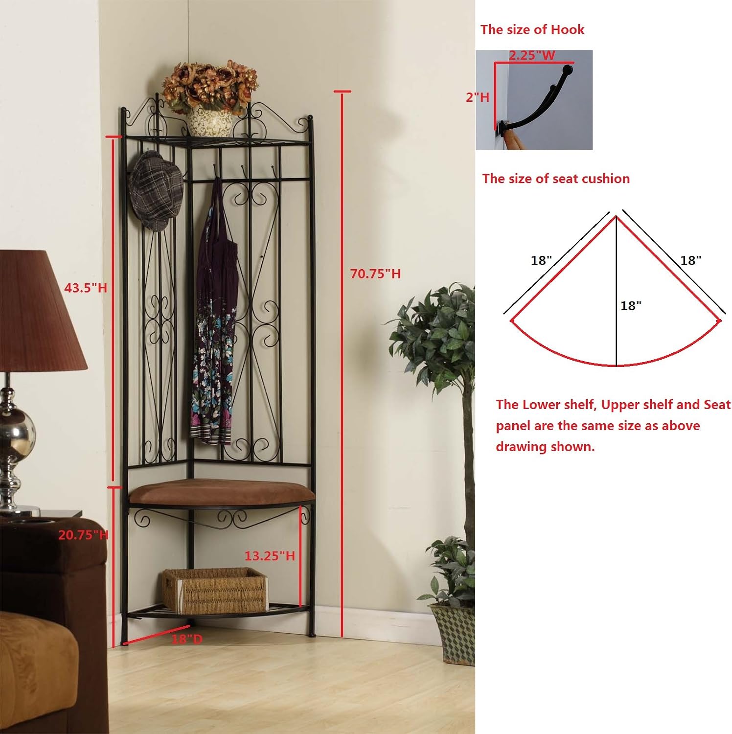 Kings Brand Black Metal Corner Entryway Hallway Rack with Bench & 6 Hooks