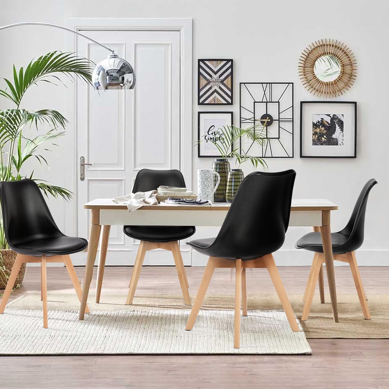 OLIXIS Dining Chairs Set of 4, PU Leather Upholstered Kitchen Chairs with Solid Wood Legs, Mid Century Modern Accent Chairs for Living Room, Bedroom, Patio, Black