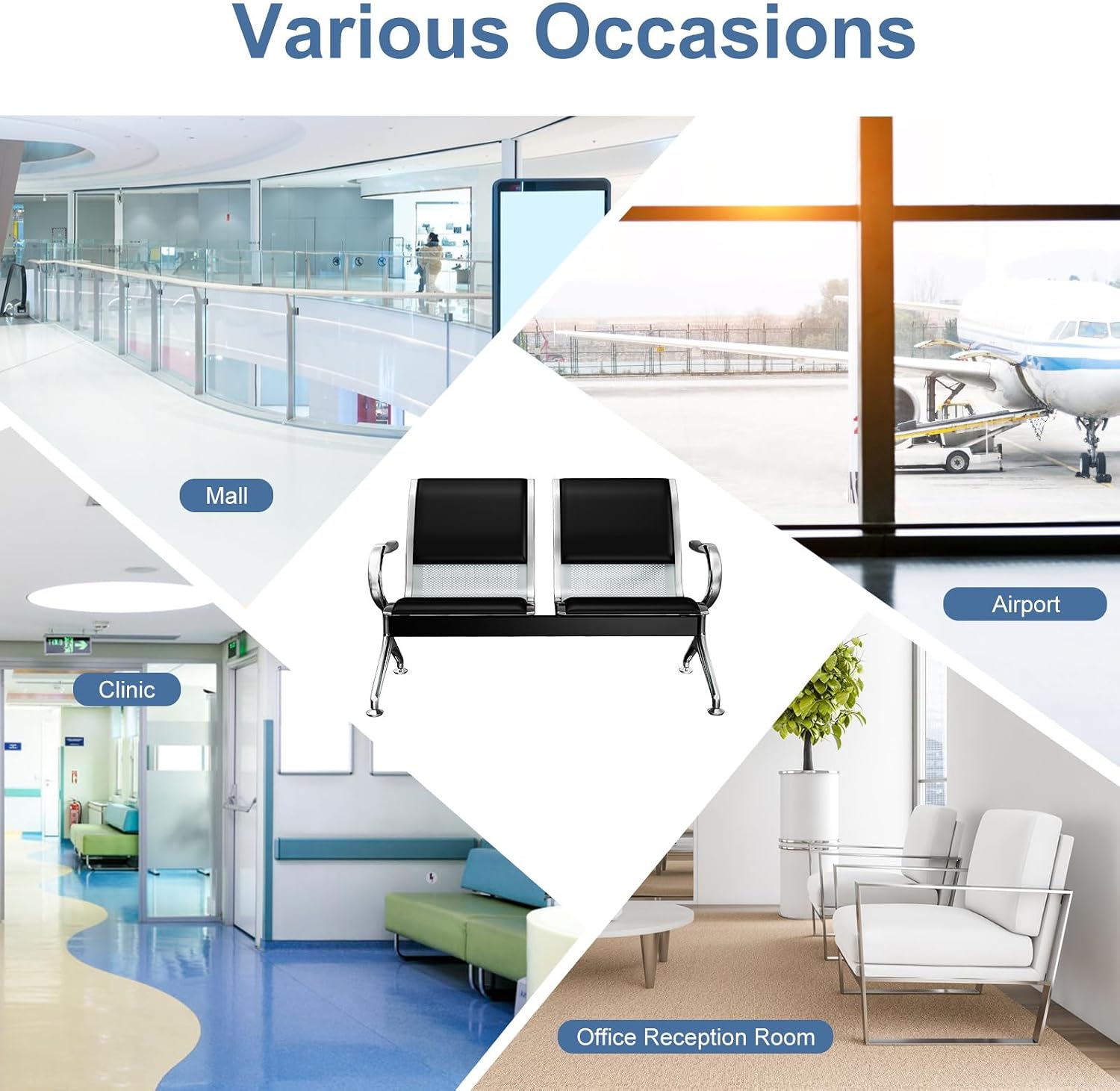 kinbor 2-Seat Waiting Room Chairs with Arms - Set of 3 Modern PU Leather Reception Bench for Airport, Hospital, Office Lobby - Breathable Mesh & Durable Steel Waiting Area Furniture (Black)