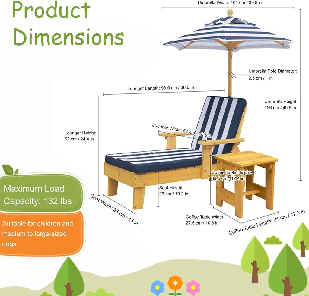 Kids Lounge Chair Outdoor, Toddler Wood Double Pool Lounger Chairs w/Canopy, Removable Stripped Fabric Cushions, Shaded Comfort for Kids Room or Patio Lounge Use(Green)
