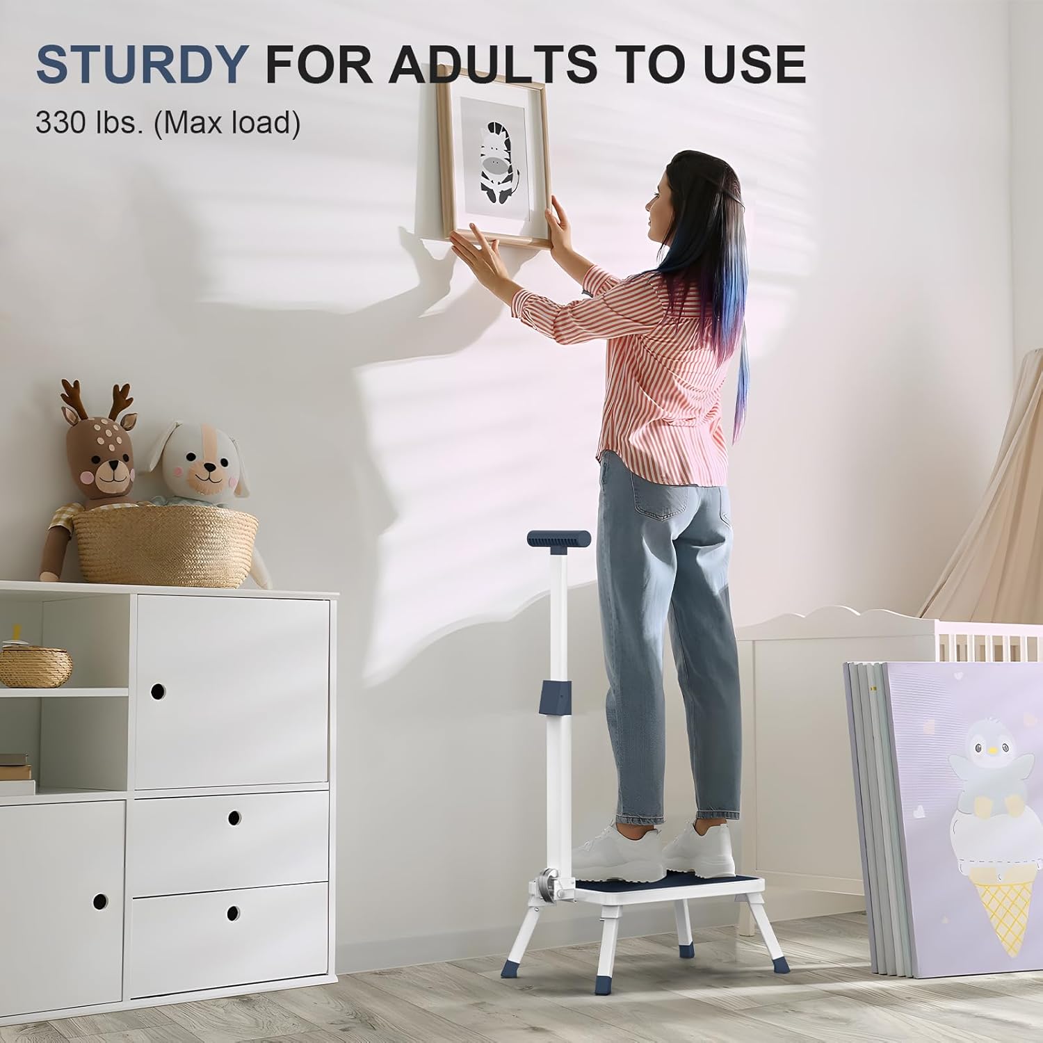 Folding Step Stool, Step Stools with Handle for Elderly Adults, Metal Stepping Stool with Adjustable Handrail in Kitchen, Bathroom, Bedroom, 330 Lbs Capacity