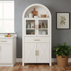 71" Arched Farmhouse Pantry Cabinet with Glass Barn Door, Versatile Cupboard with Adjustable Shelf Wood Storage Cupboard for Kitchen, Living & Dining Room (White)