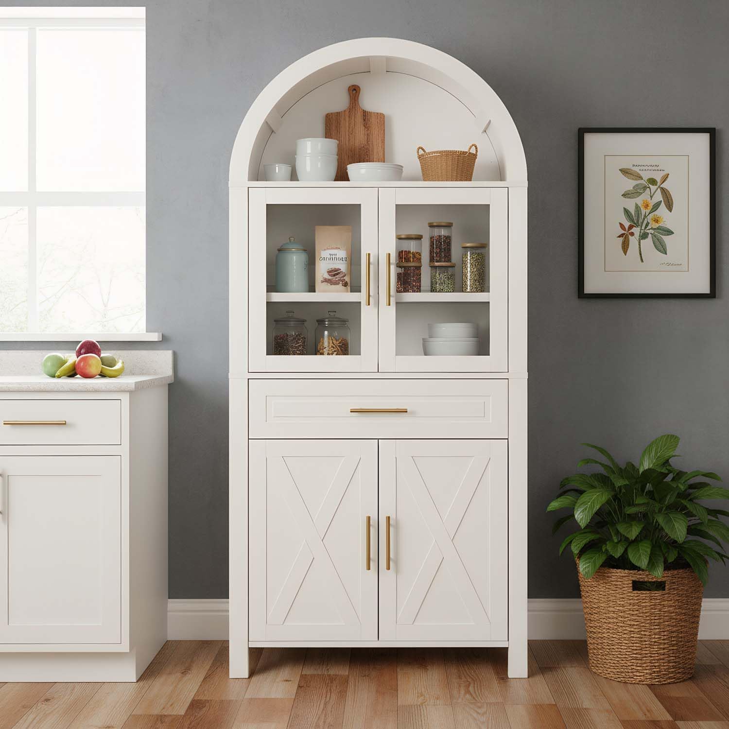 71" Arched Farmhouse Pantry Cabinet with Glass Barn Door, Versatile Cupboard with Adjustable Shelf Wood Storage Cupboard for Kitchen, Living & Dining Room (White)