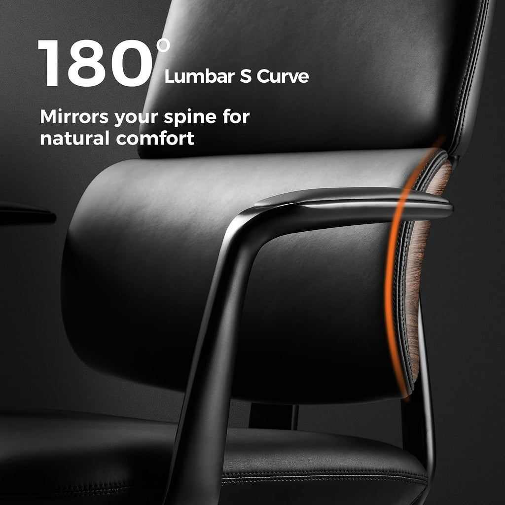 TOMU Genuine Leather Office Desk Chair, Ergonomic Leather Executive Office Chair, Upgraded Wood Grain Finish and S Curve Back with Solid Aluminum Frame, Luxury and Mordern