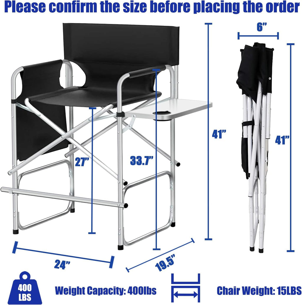 Tall Makeup Chair, Foldable Director Chairs, Portable Makeup Artist Chair w/Side Table Cup Holder Storage Bag and Footrest, 400LBS Load Capacity, Black, 41''