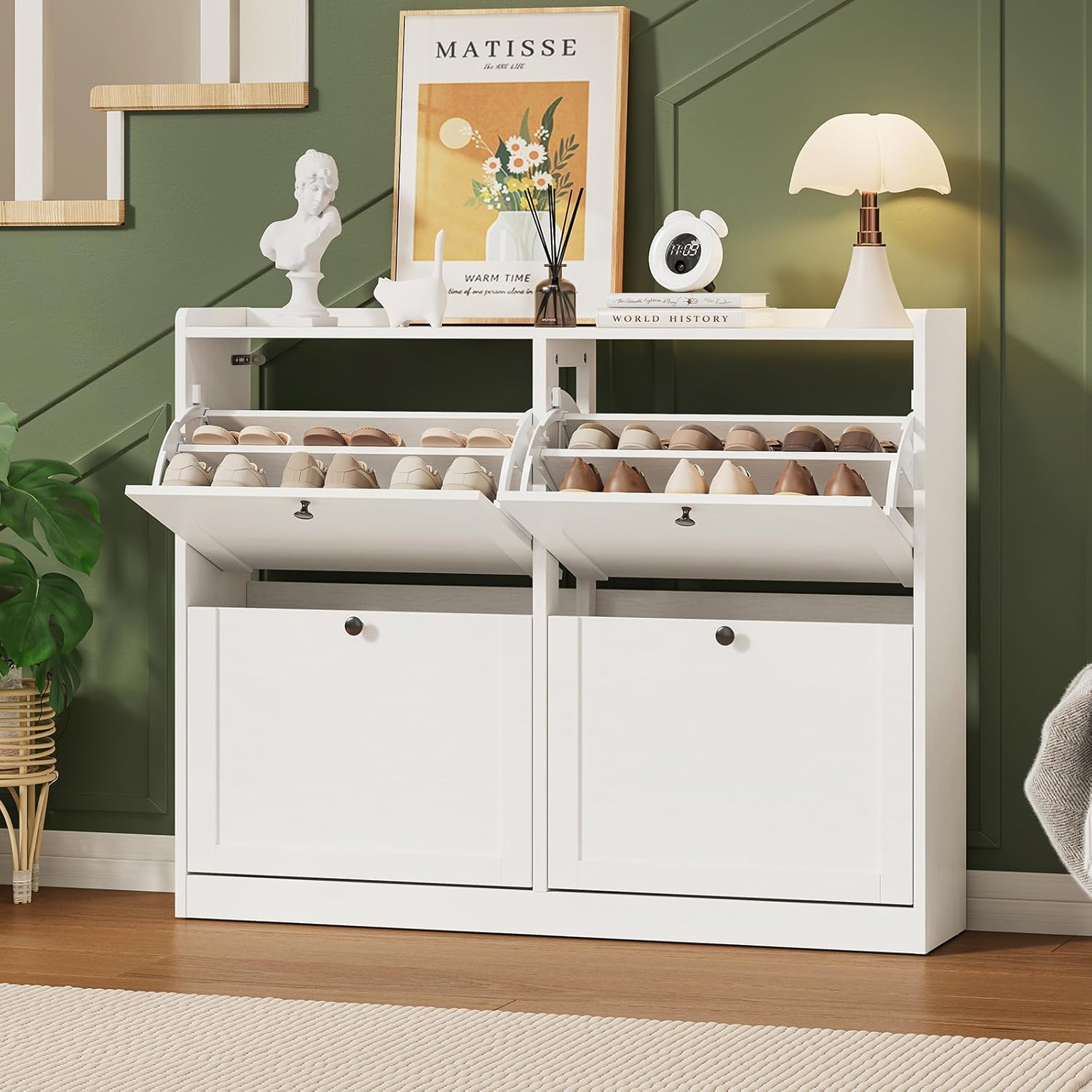 ONBRILL Shoe Cabinet with 4 Flip Drawers, Freestanding Ultra Slim Hidden Shoe Organizer with Classic Arched Pattern, 16-24 Pairs Shoe Storage Cabinet for Entryway Hallway Living Room (White)