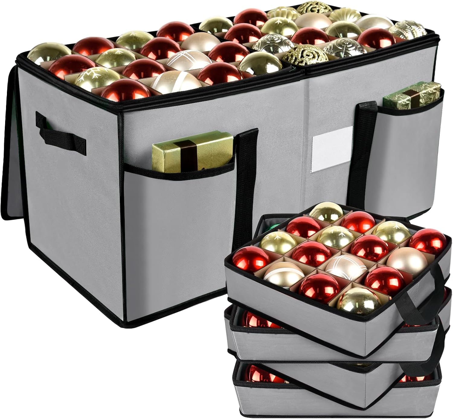 Christmas Ornament Storage Box with Dividers, Christmas Balls Storage Containers with Zipper & 8 Removable Trays, Holds Up to 128 Balls - 600D Oxford Christmas Decoration Storage Organizer (Gray)