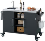 JIJIWANG 55.5" Outdoor Kitchen Island with Stainless Steel Sink, Outdoor Bar Cart Sink Station with 4 Lockable Wheel for Pizza Prep & BBQ Black