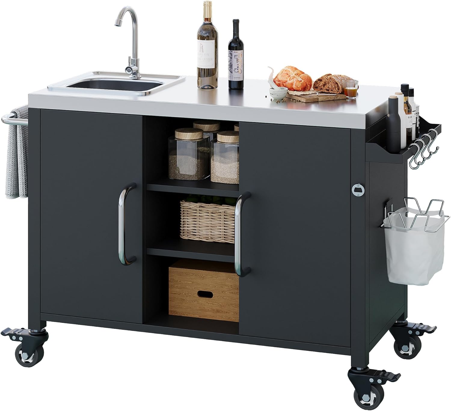 JIJIWANG 55.5" Outdoor Kitchen Island with Stainless Steel Sink, Outdoor Bar Cart Sink Station with 4 Lockable Wheel for Pizza Prep & BBQ Black