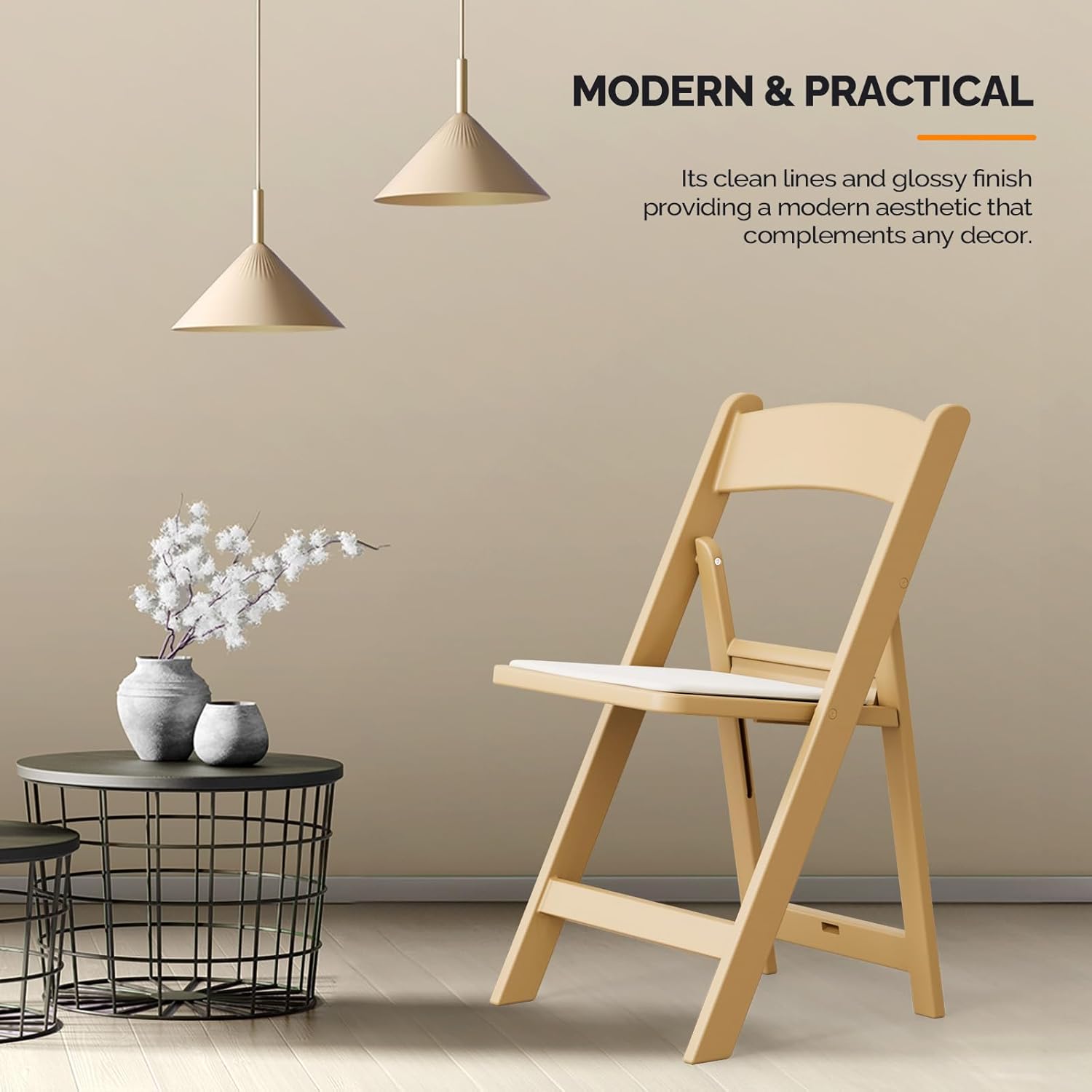 VINGLI Resin Folding Chairs with Cushion, Foldable Plastic Chair with Comfortable Padded Seats, Perfect for Event Party Indoor Outdoor, Natural, 8 PC