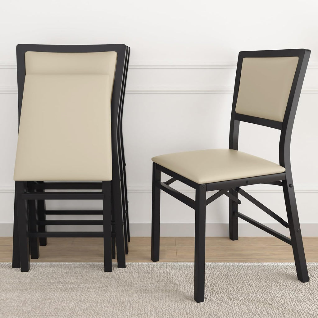 VECELO Folding Dining Chairs Set of 4, Metal Padded Foldable Seating with Comfortable Faux Leather, Space-Saving Portable Guest Seats for Kitchen & Office, No Assembly, Creamy Beige