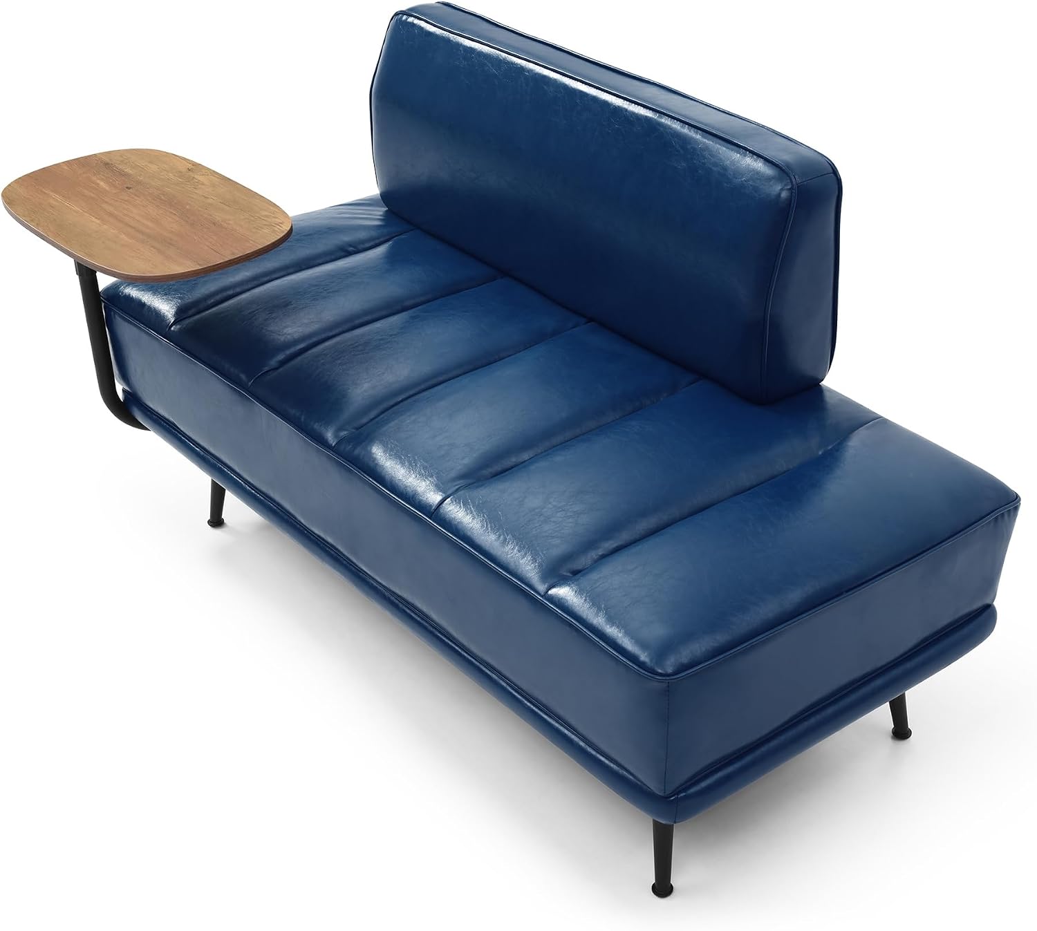 55" Modern Upholstered Bedroom Bench with Side Table - 360° Rotating Tray, PU Leather Cushion, Metal Legs for Living Room & Entryway (Blue)