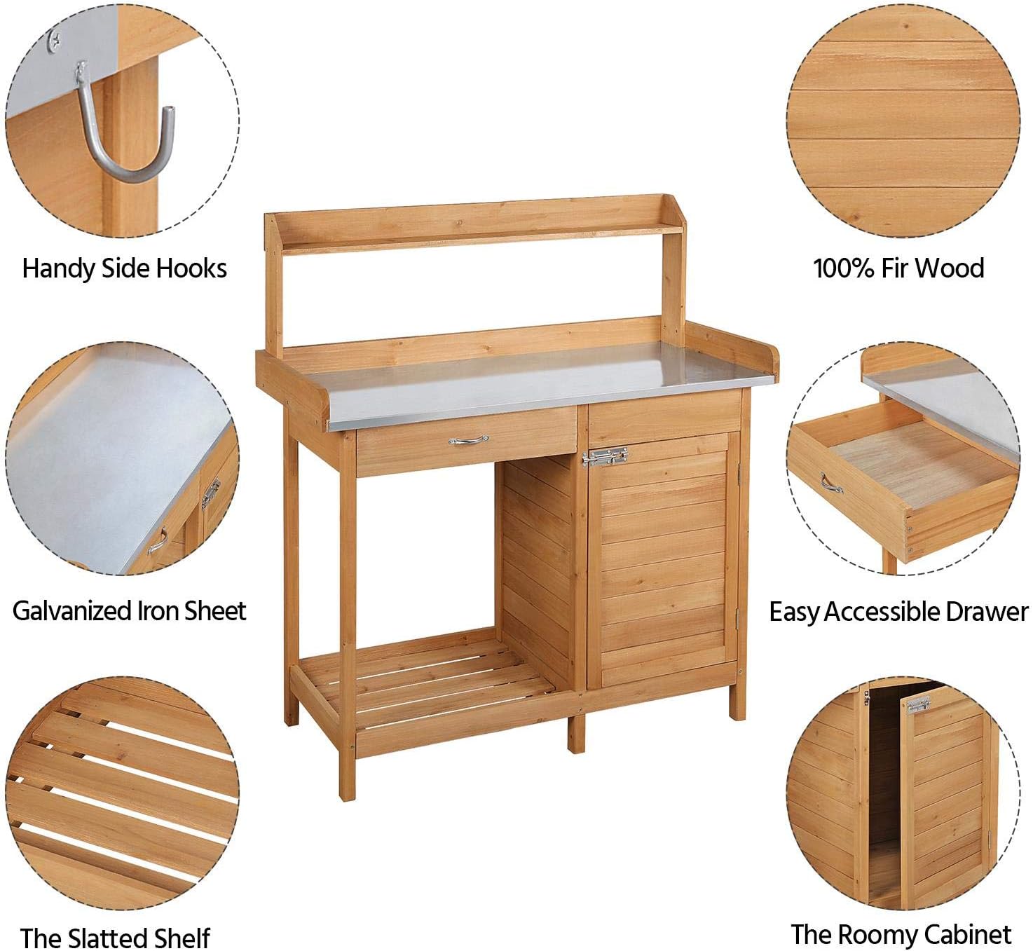 costoffs Potting Bench Wood Garden Potting Table with Cabinet and and Drawers Outdoor Metal Surface Work Bench for Greenhouse with Hooks and Shelf Wood