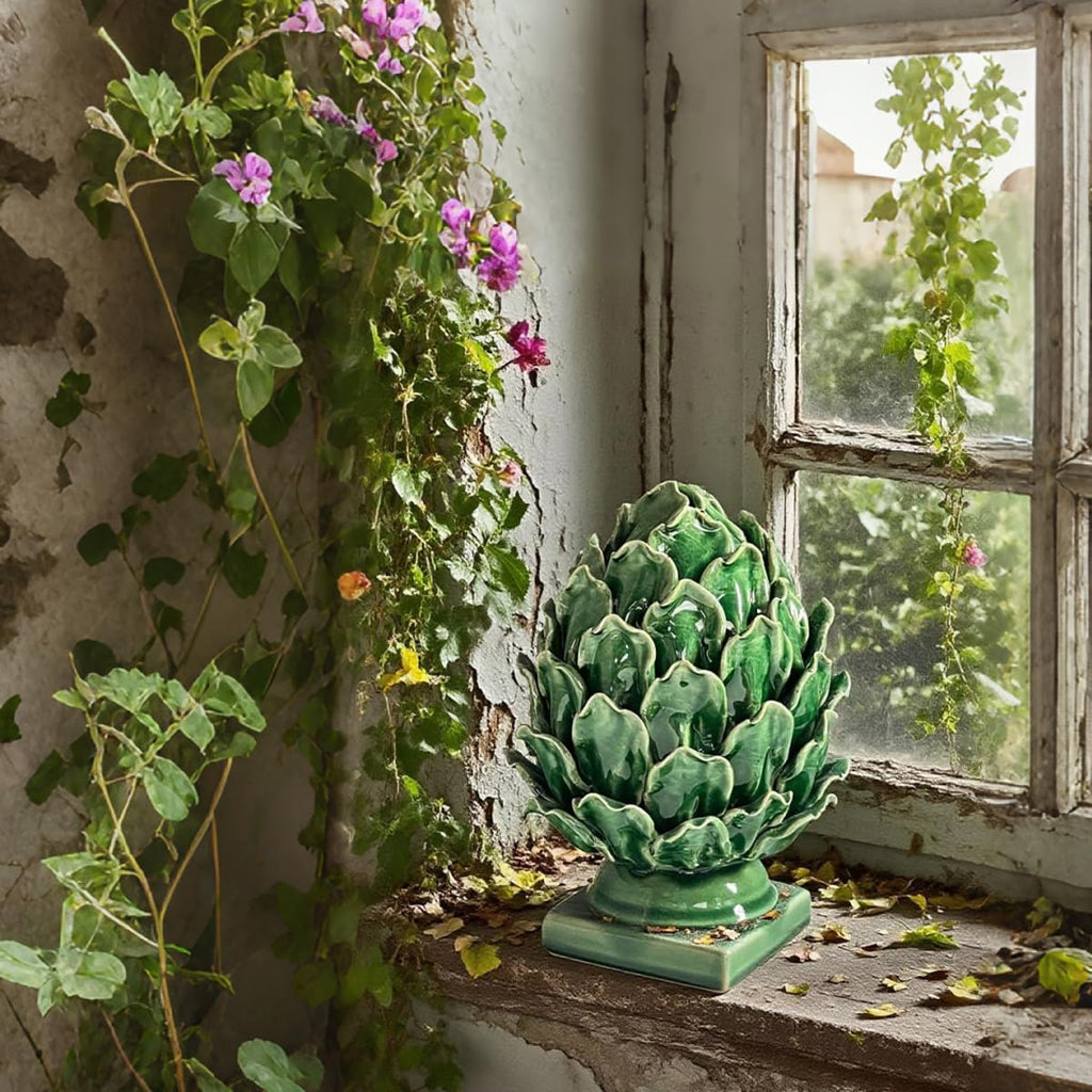 Green Ceramic Artichoke Statue - Unique Artisanal Decorative Sculpture, Decor for Living Room, Office, Bookshelf