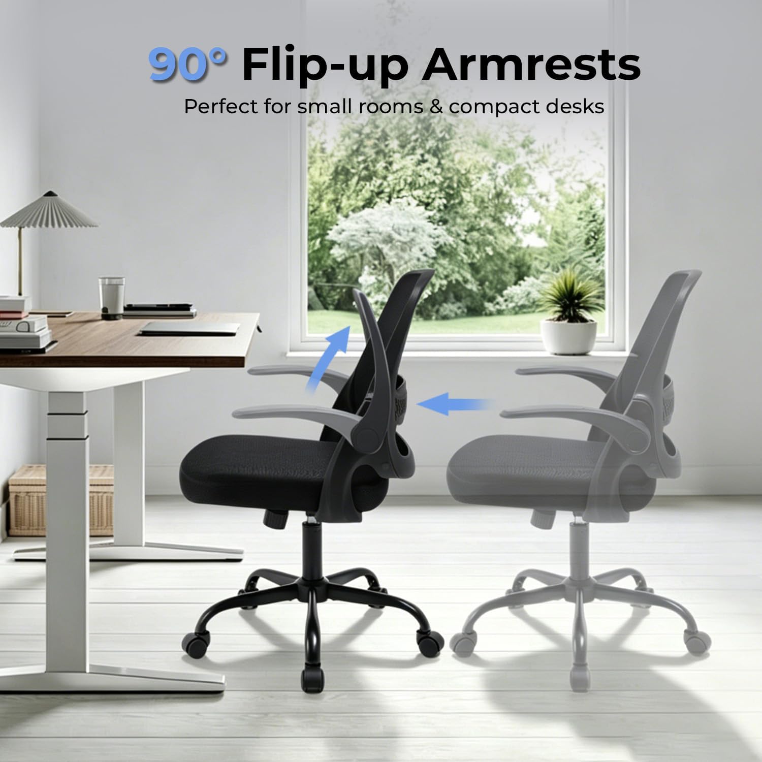 Ergonomic Mesh Office Chair for Home Office, Flip-Up Arms, Breathable Mesh Back & Thick Seat Cushion, Swivel Rolling Computer Desk Chair, BIFMA Certified, Supports 300 lbs (Black Frame/Black Seat)