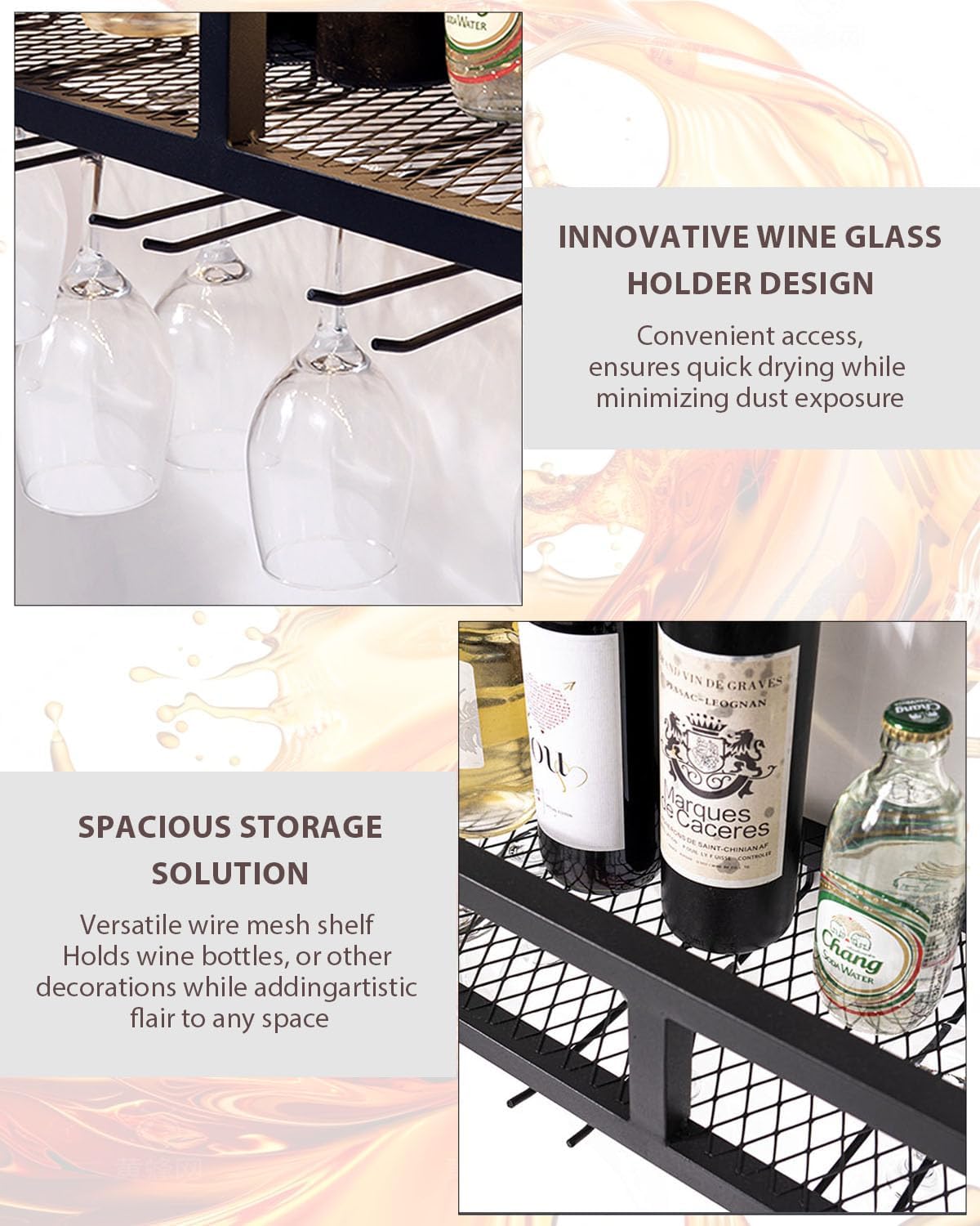 39" Wall Mounted Wine Rack with Bottle Glass Holder, 3-Tiers Metal Bar Shelves for Liquor Bottles with LED Light, Wall Wine Rack for Home, Restaurant, Commercial Bar, Kitchen Storage Display