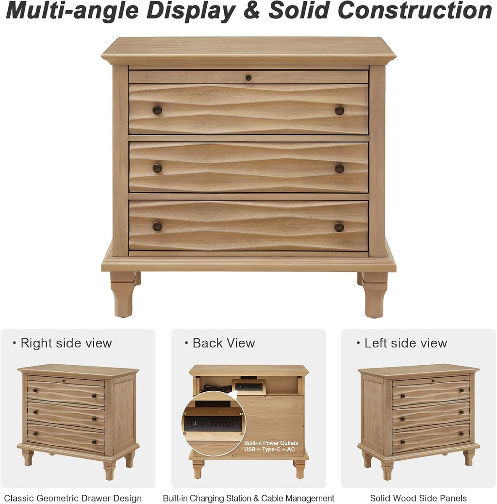 Traditional Wave Textured Nightstand, 3 Drawers Farmhouse Bedside Table with Solid Wood Legs, Rustic Storage End Table for Bedroom Living Room, Natural