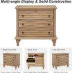 Traditional Wave Textured Nightstand, 3 Drawers Farmhouse Bedside Table with Solid Wood Legs, Rustic Storage End Table for Bedroom Living Room, Natural