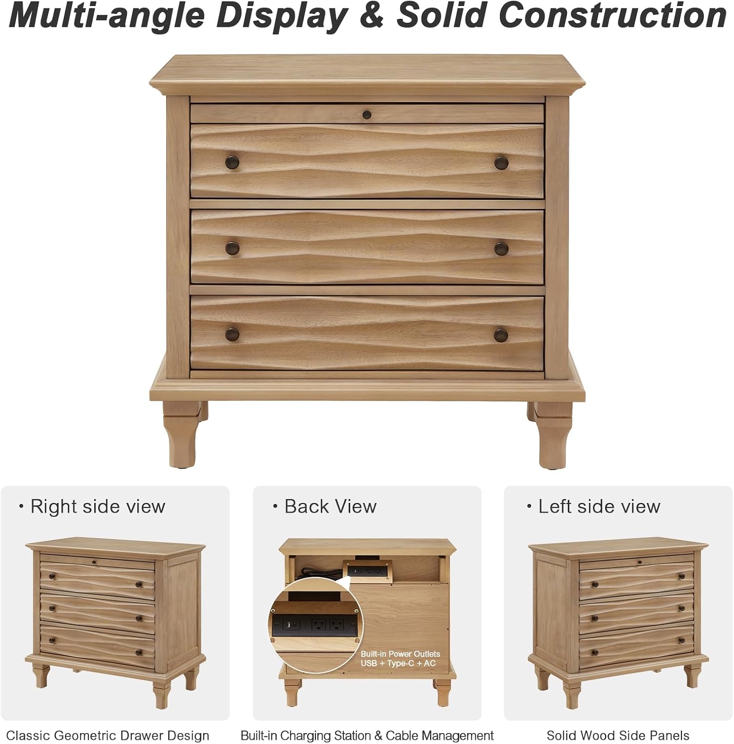 Traditional Wave Textured Nightstand, 3 Drawers Farmhouse Bedside Table with Solid Wood Legs, Rustic Storage End Table for Bedroom Living Room, Natural