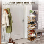 7 Tier Wooden Vertical Shoe Rack, Folding Narrow Shoe Organizer, Standing Portable Storage Shelf for Entryway, Bedroom, Small Spaces, No Installation, Space-Saving Design