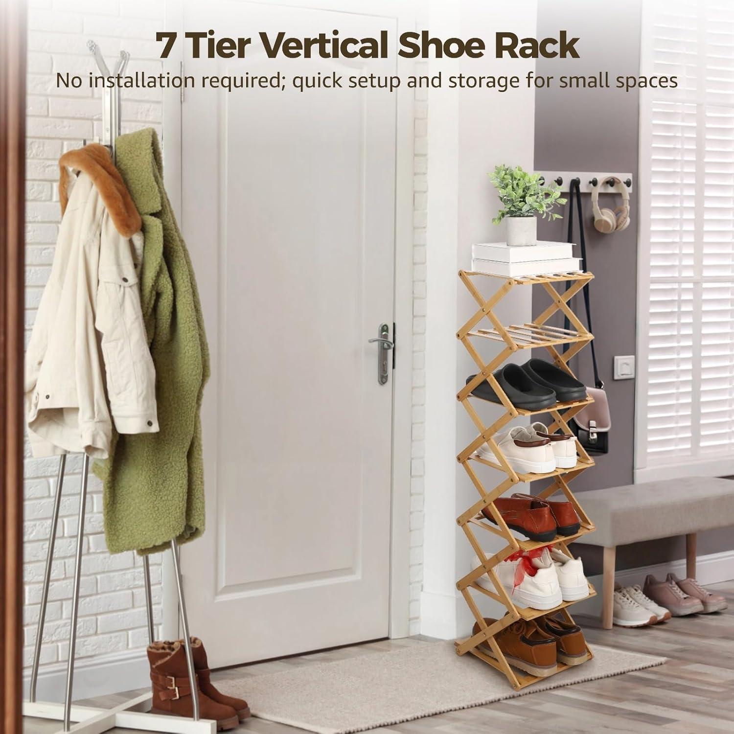 7 Tier Wooden Vertical Shoe Rack, Folding Narrow Shoe Organizer, Standing Portable Storage Shelf for Entryway, Bedroom, Small Spaces, No Installation, Space-Saving Design
