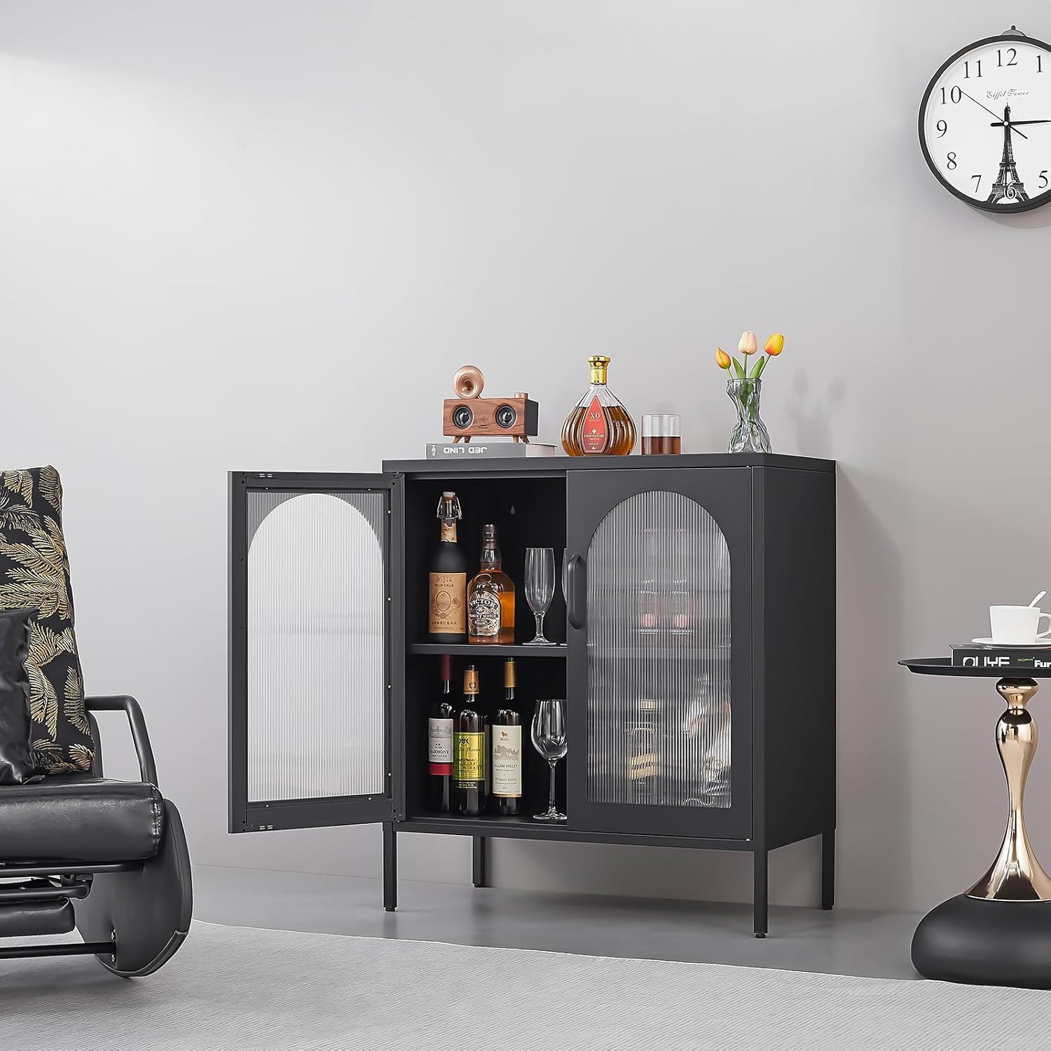 Buffet Cabinet, Modern Industrial Style Sideboard Buffet Cabinet, with Adjustable Shelves Credenza for Living Kitchen Dining Farmhouse, 15.8" L x 27.6" W x 35" H Black