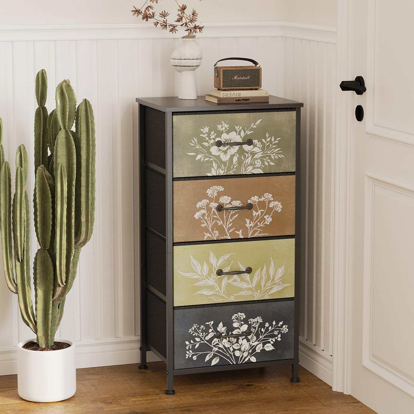 Tohomeor Vintage Floral Narrow 4 Drawers Dresser Nightstand Side Table | Retro Boho Dresser Fabric Drawers for Closet Living Room Bedroom Dorm Convenient Storage Organizer Botanical