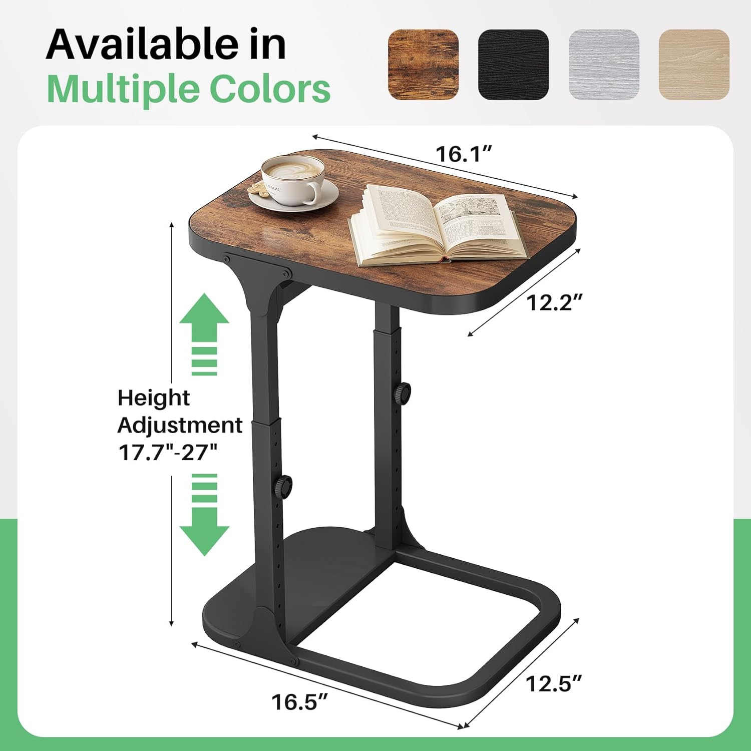 Kitstorack Ultra Stable & Durable End Table, Ajustable Height C Shaped Side Table for Couch, Sofa Side Table with Thickened Metal Frame for Living Room, Bedroom, Rustic