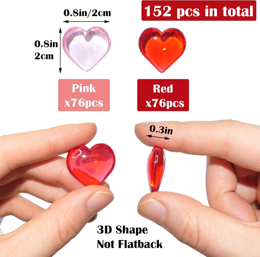 HADDIY Valentines Day Heart Gems Decorations,152 Pcs Red Pink Plastic 3D Heart Shaped Rocks for Wedding Vase Filler,Bowl Filler,Table Scatter,Crafts and Tic Tac Toe