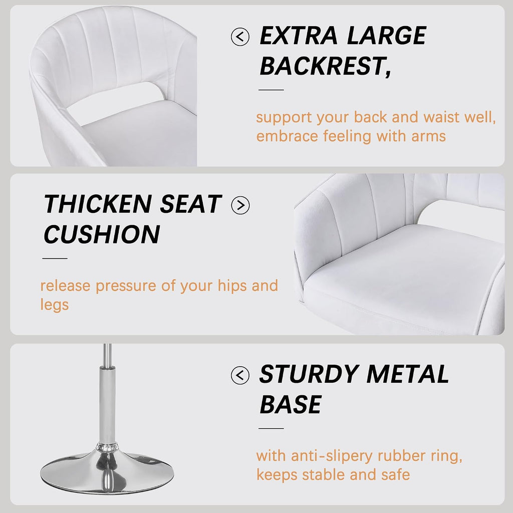 VECELO Large Wide Velvet Accent Chair, Adjustable Luxury Vanity & Dining Chair with Gold Barstool Base, 360°Swivel Upholstered Armchair for Living Room, Bedroom, Home Office, Pearl White