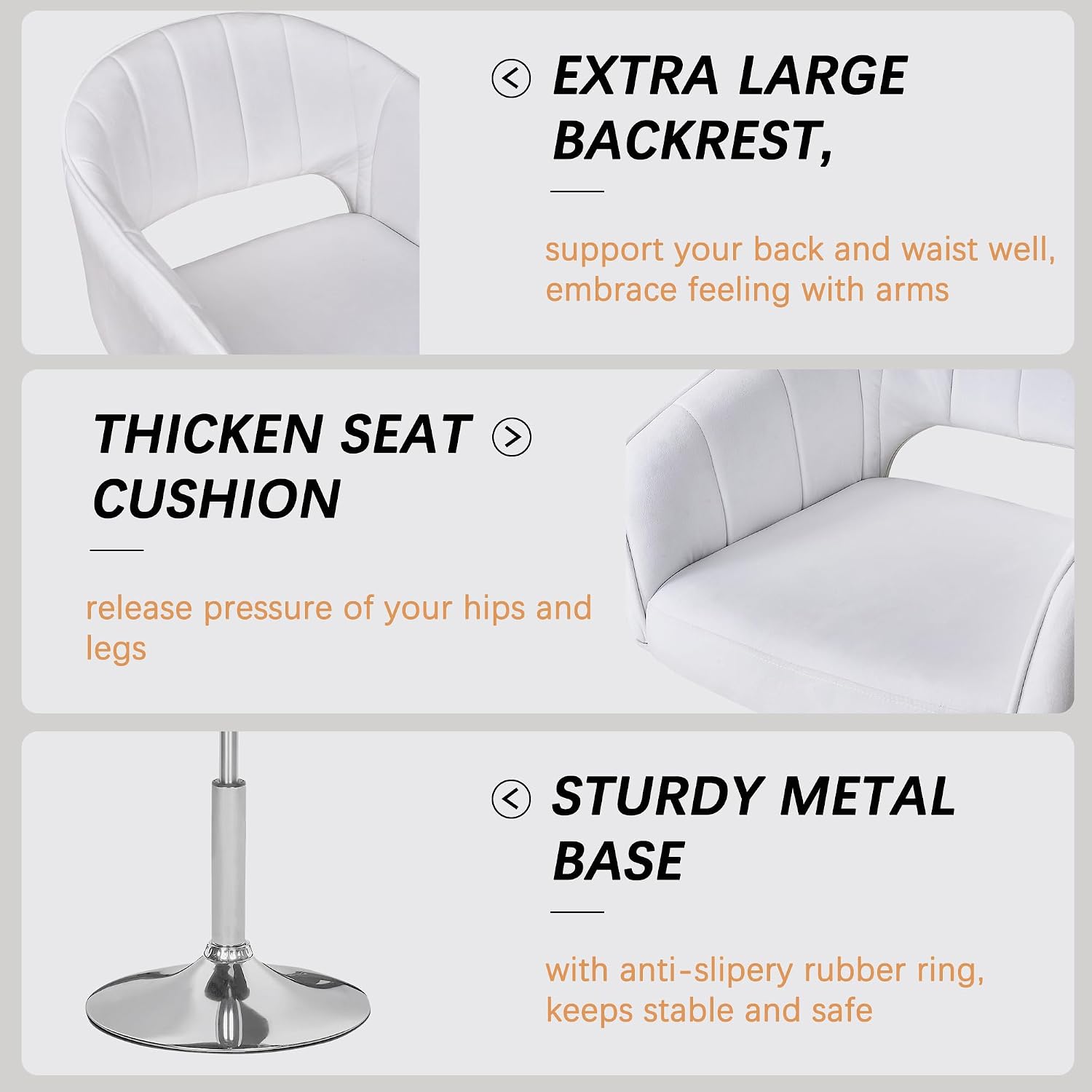 VECELO Large Wide Velvet Accent Chair, Adjustable Luxury Vanity & Dining Chair with Gold Barstool Base, 360°Swivel Upholstered Armchair for Living Room, Bedroom, Home Office, Pearl White