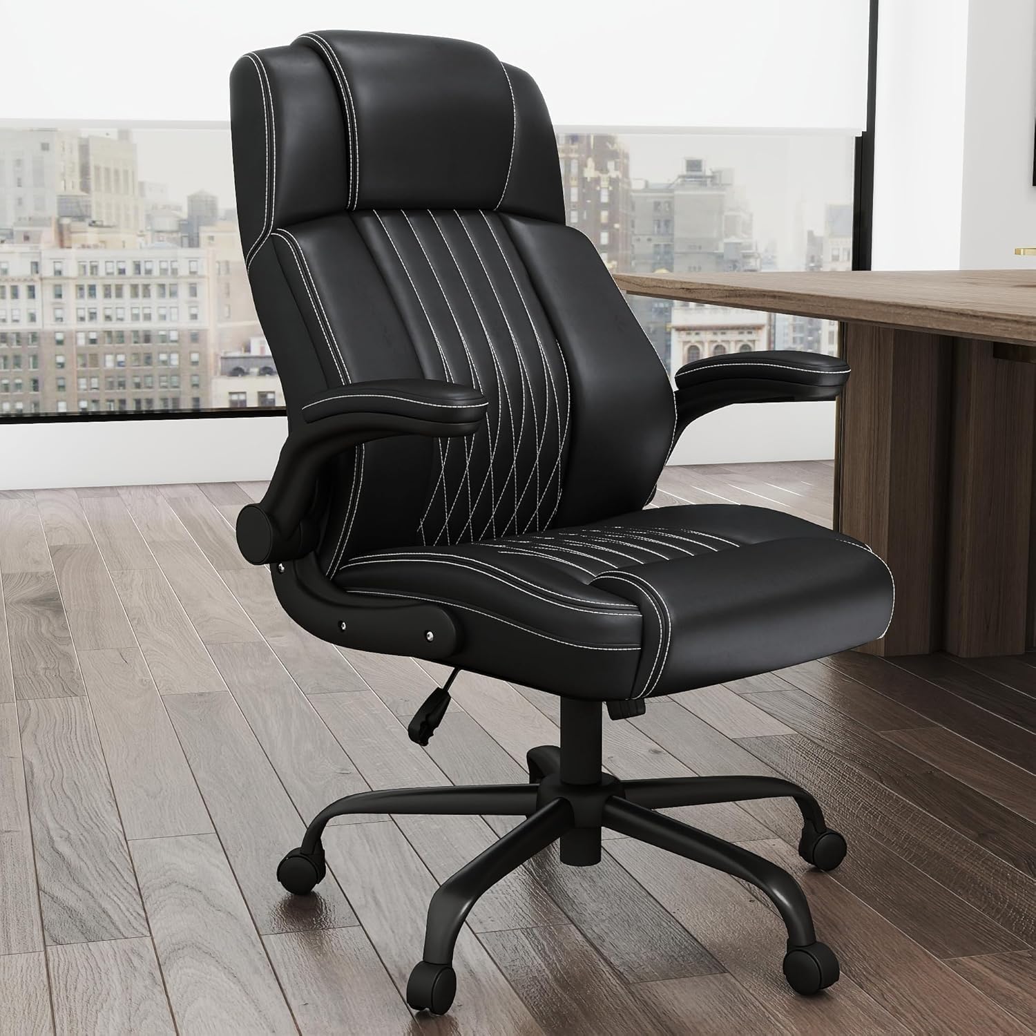 Executive Office Chair with Lumbar Support, High-Back Leather Ergonomic Computer Desk Chair with Flip-Up Arms, Height Adjustable and 360° Swivel, Rocking Function, for Home and Office, Black
