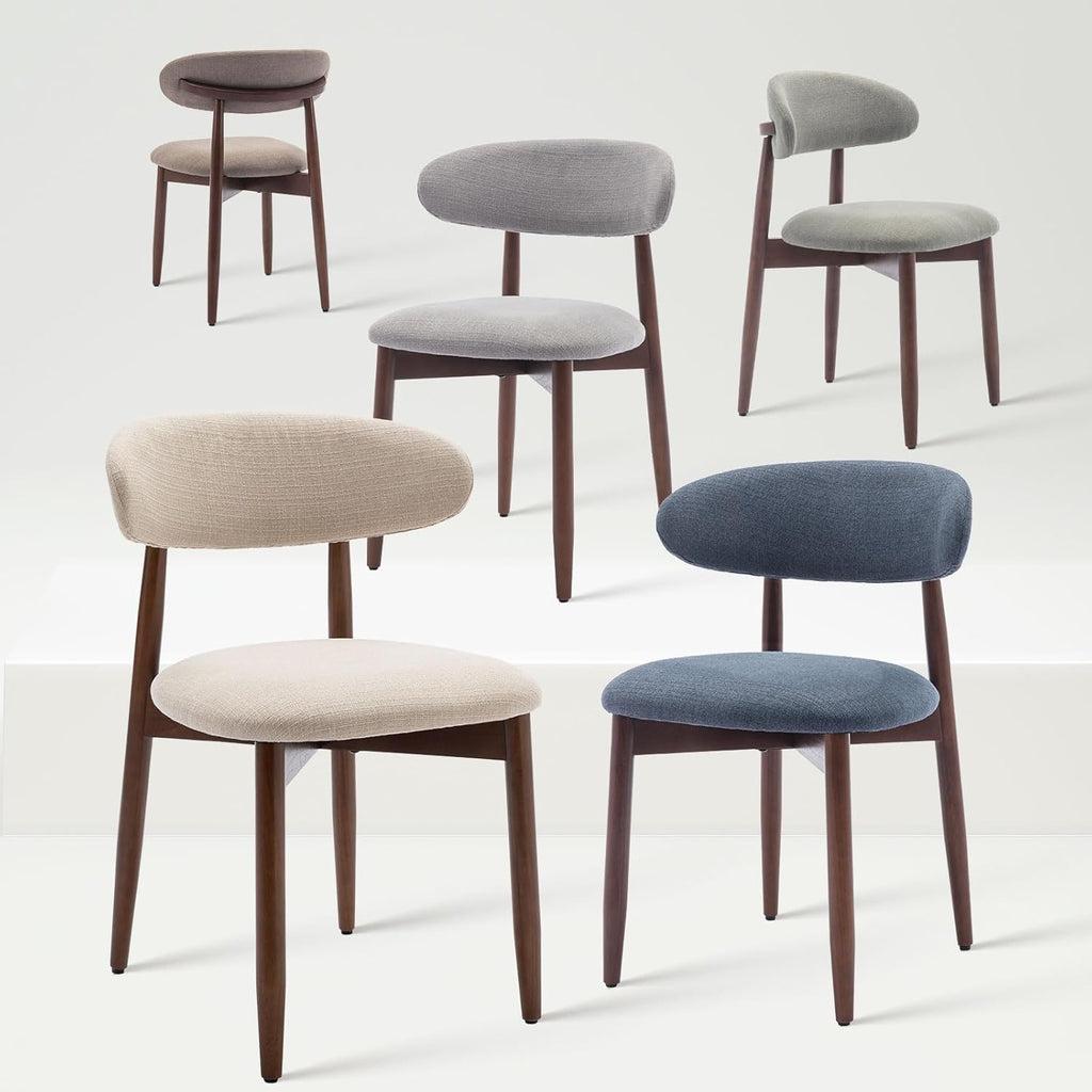 COLAMY Mid-Century Modern Wooden Dining Chair Set of 6, Indoor Upholstered Kitchen Chairs with 2.6" Cozy Padded Seat, Walnut Finish Side Dining Chair for Dining Room & Kitchen, Beige