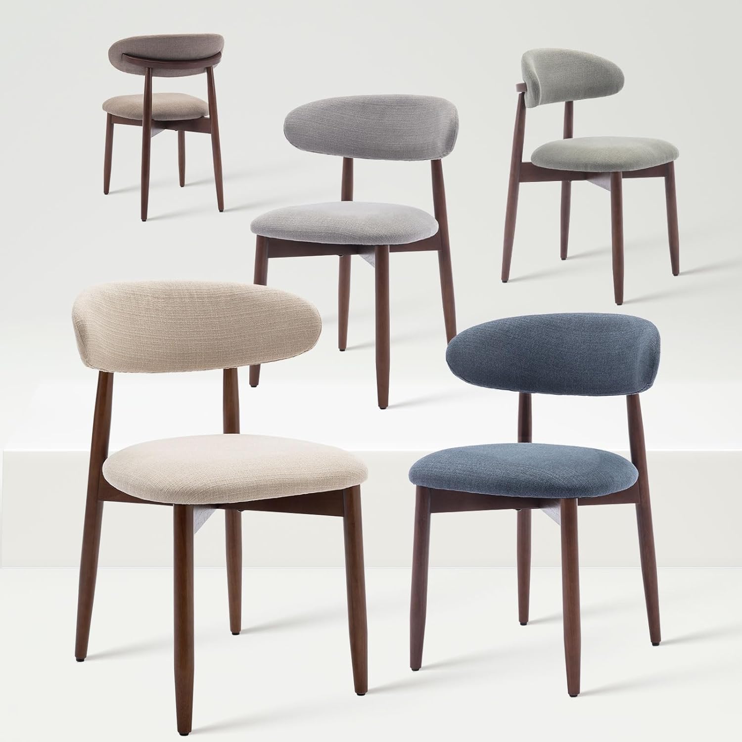 COLAMY Mid-Century Modern Wooden Dining Chair Set of 6, Indoor Upholstered Kitchen Chairs with 2.6" Cozy Padded Seat, Walnut Finish Side Dining Chair for Dining Room & Kitchen, Beige