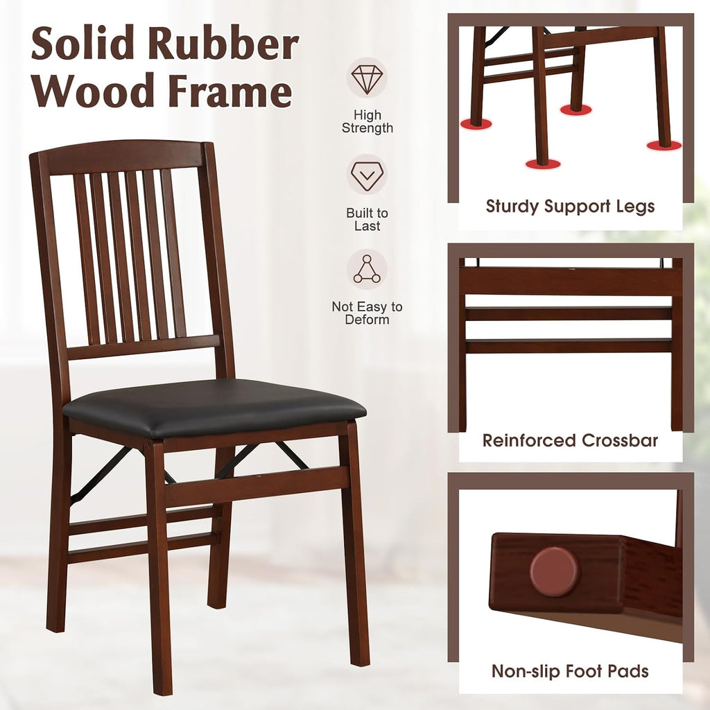 COSTWAY Folding Dining Chairs Set of 2, Wooden Kitchen Side Chairs w/Padded Seat, Solid Wood Frame, 400 LBS Load Bearing, No Assembly Needed, Vintage Foldable Chairs for Dining Room, Living Room