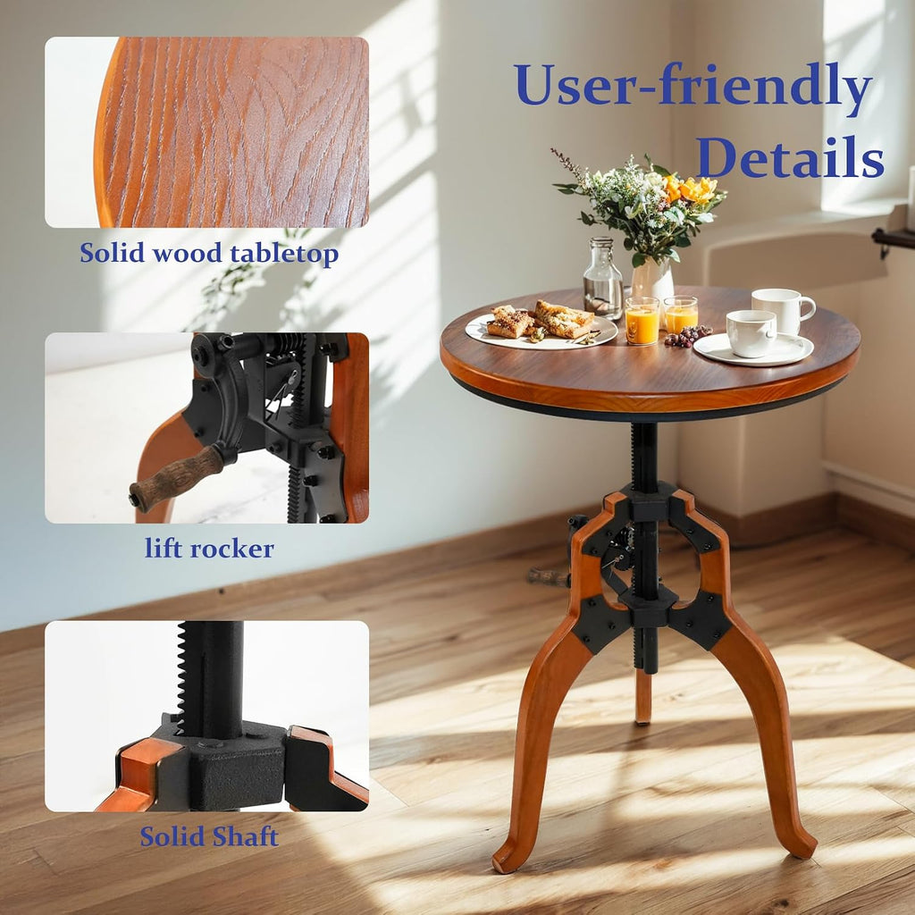 LOKKHAN Industrial Vintage Side Table, 23.62" Solid Wood Round Tabletop, 26-31.9" Height Adjustable with Lift Rocker Mechanism, Sturdy Shaft & Triangular Wood Base, Multi-Functional