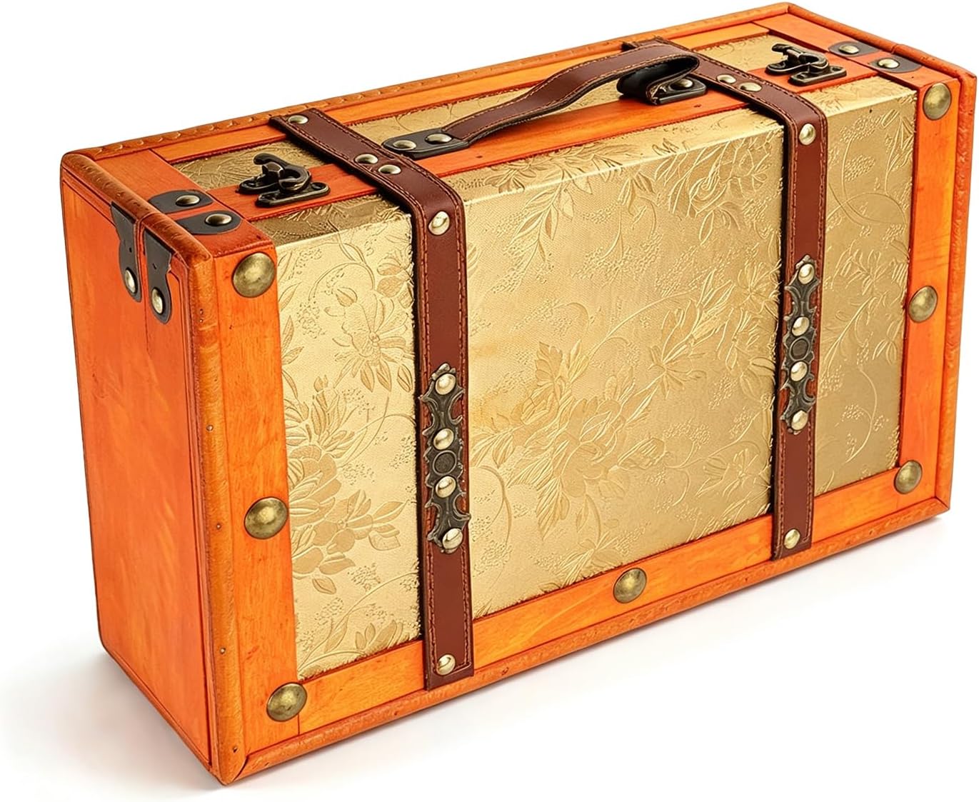 13.4in Vintage Wooden Storage Suitcase,Decorative Storage Box,Antique Treasure Chest with Leather Handle Buckle Clasp,Home Decor Luggage for Travel Party Photo Props Gift