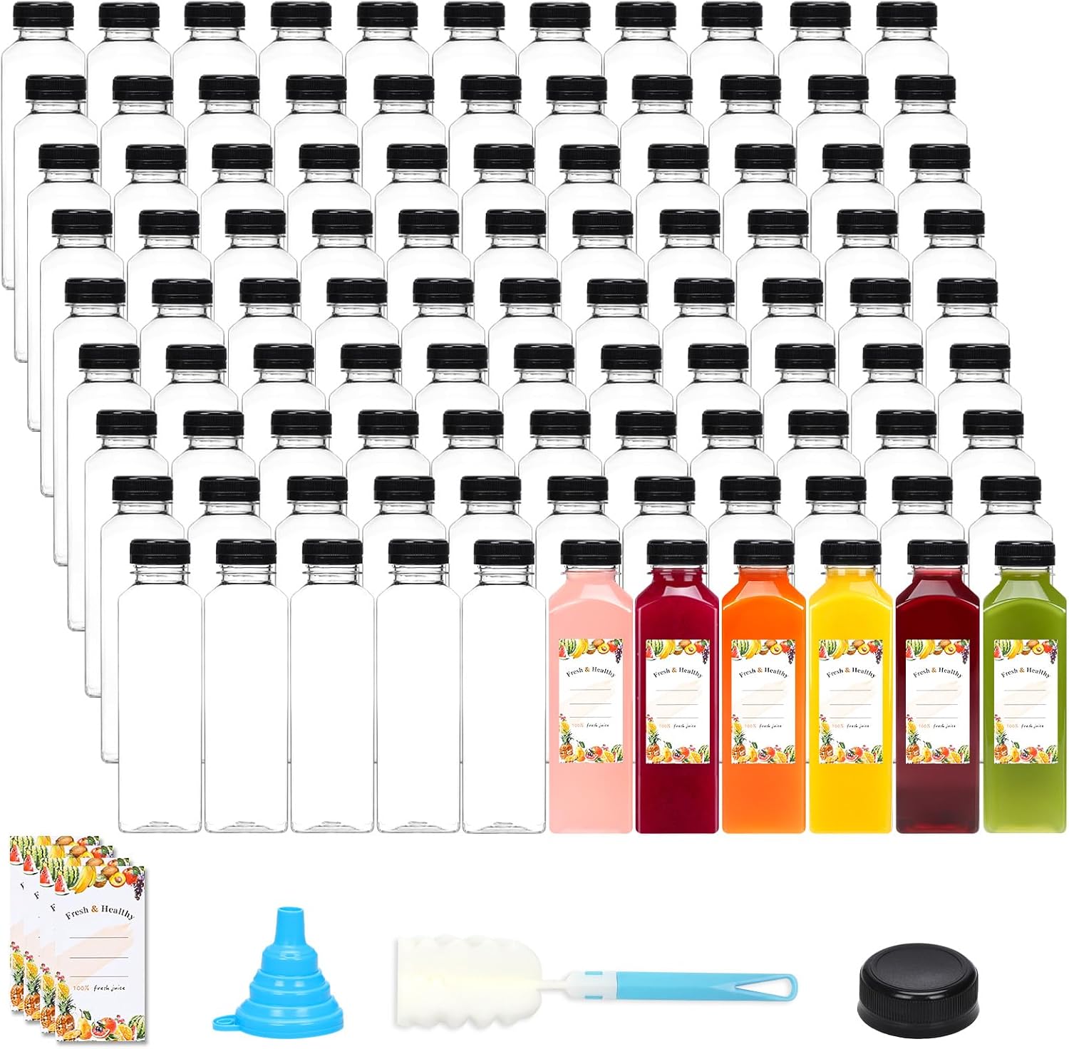 Moretoes 200pcs 16oz Plastic Juice Bottles with Caps, Clear Empty Reusable Water Bottles, Disposable Beverage Containers Bulk for Juicing Smoothies Turmeric Juice Milk and Other Beverages