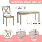 AMERLIFE 6-Piece Farmhouse Dining Table Set for 6-7, 60" Solid Wood Kitchen Table and Chairs, 1 Dining Table, 4 Upholstered Chairs and 1 Bench, Rustic Dining Room Set, Rustic White