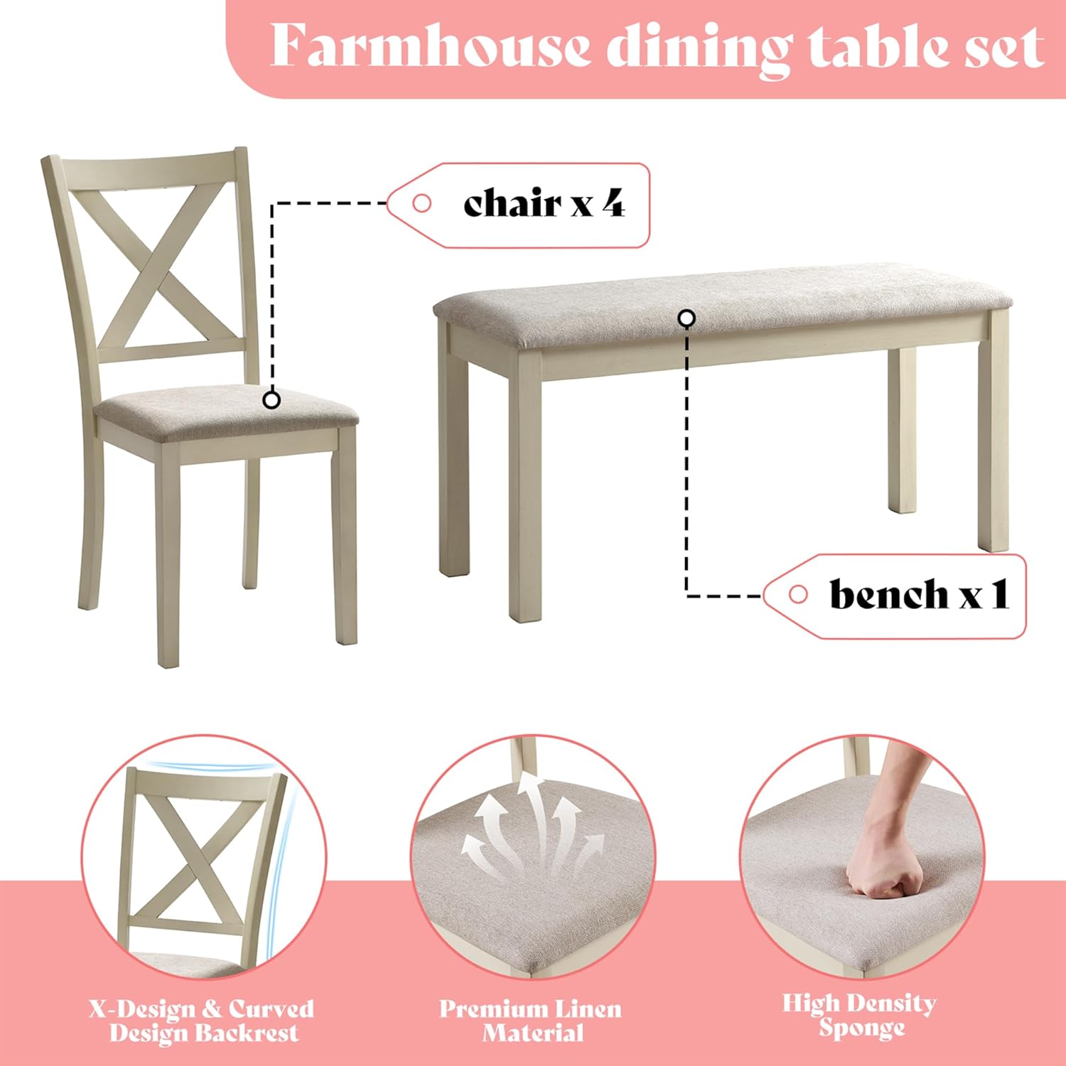 AMERLIFE 6-Piece Farmhouse Dining Table Set for 6-7, 60" Solid Wood Kitchen Table and Chairs, 1 Dining Table, 4 Upholstered Chairs and 1 Bench, Rustic Dining Room Set, Rustic White