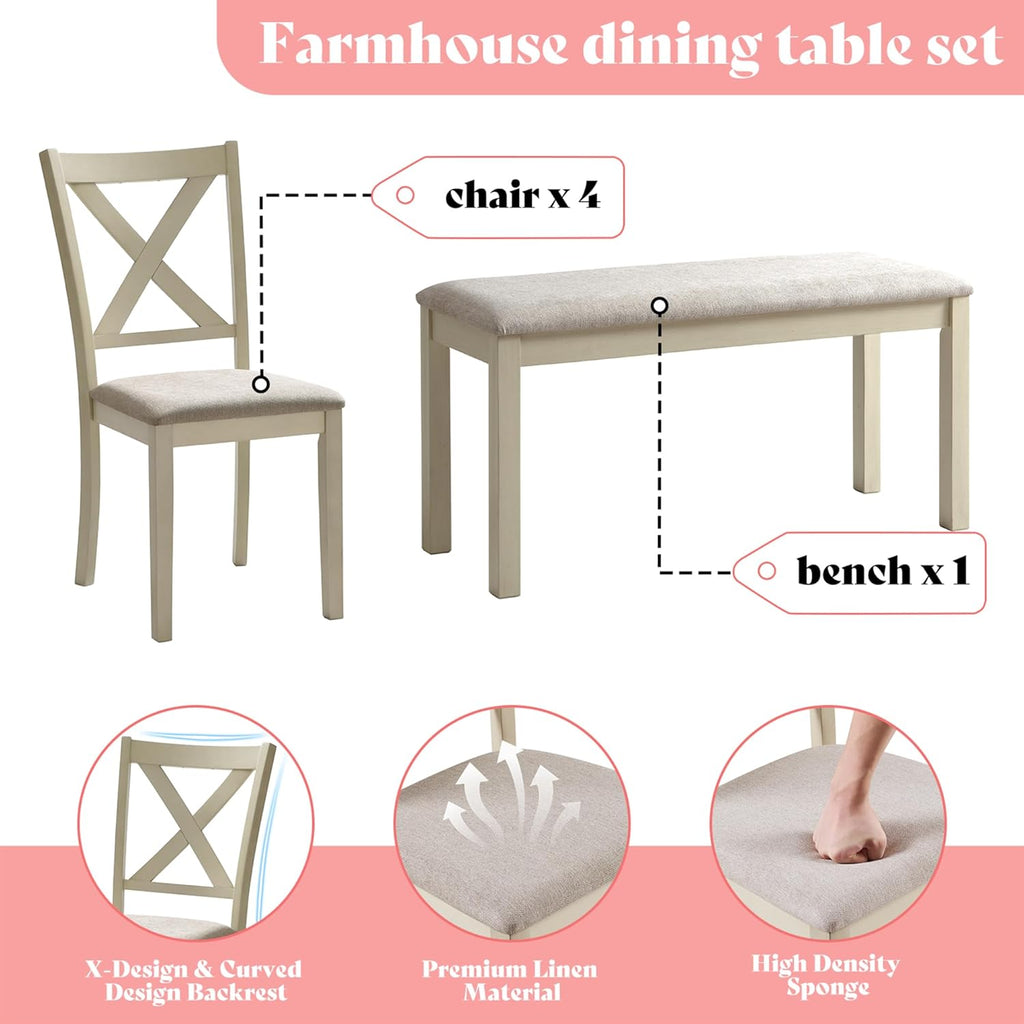 AMERLIFE 6-Piece Farmhouse Dining Table Set for 6-7, 60" Solid Wood Kitchen Table and Chairs, 1 Dining Table, 4 Upholstered Chairs and 1 Bench, Rustic Dining Room Set, Rustic White