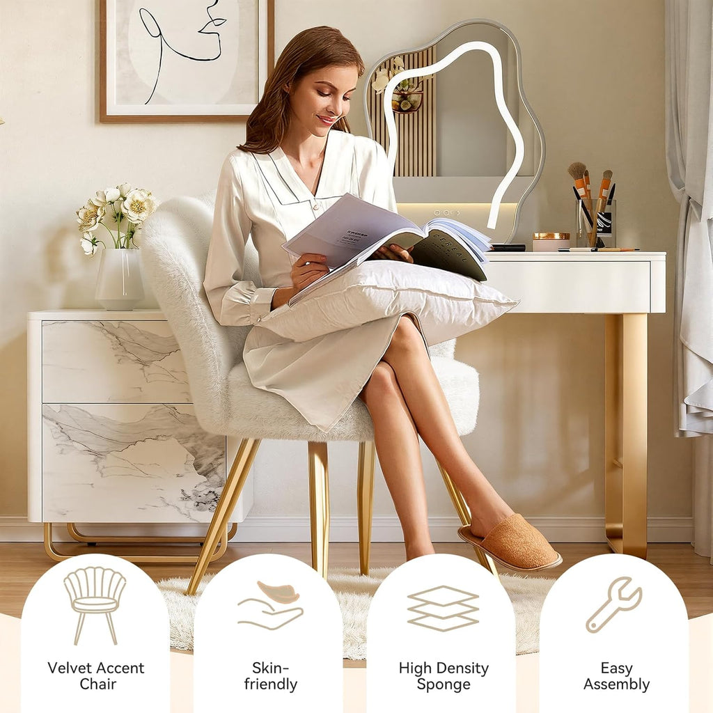 Plush Velvet Sherpa Accent Chair with Gold Metal Legs, Fluffy Vanity Chair for Makeup Room, Upholstered Guest Chair for Living Room, for Bedroom, Cream White