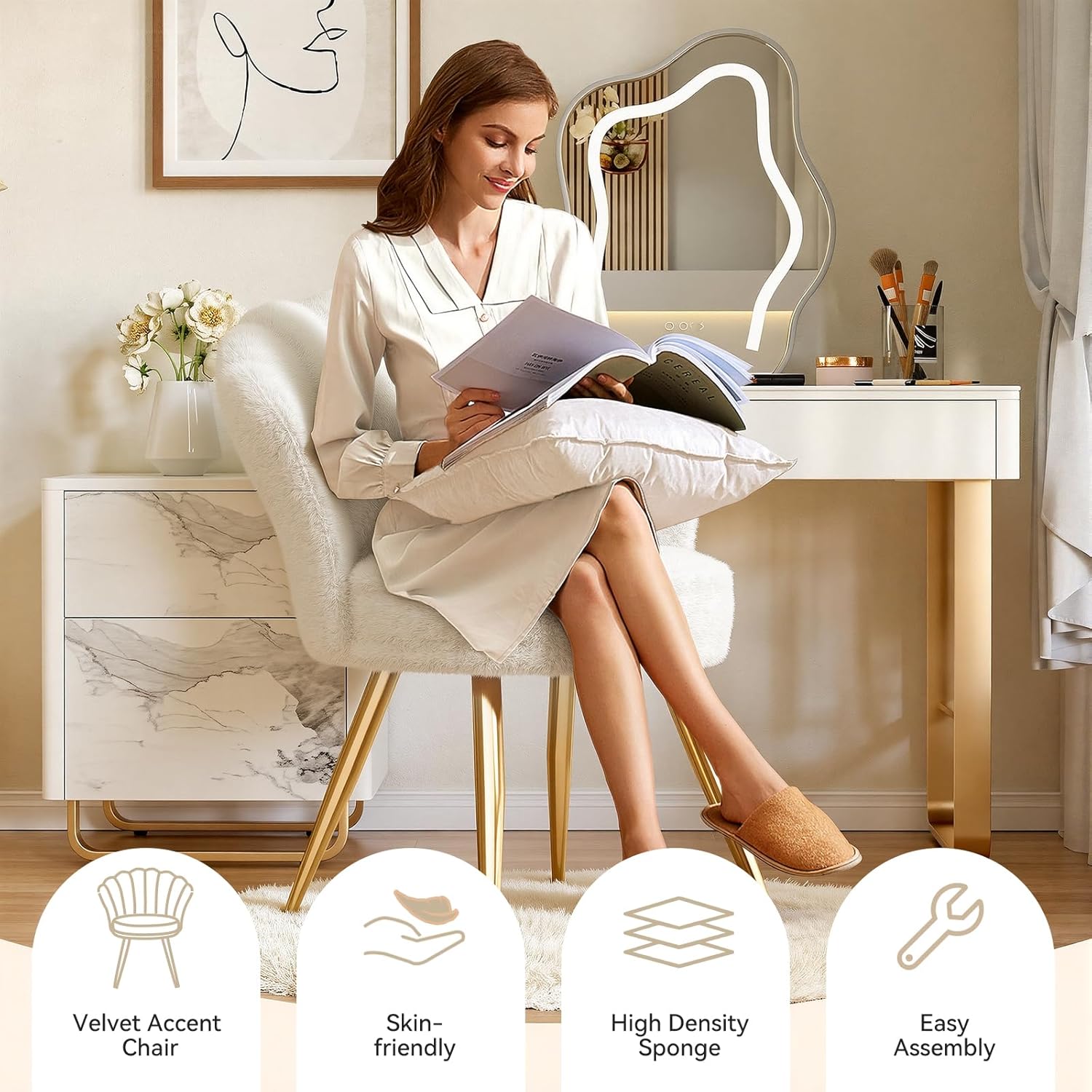 Plush Velvet Sherpa Accent Chair with Gold Metal Legs, Fluffy Vanity Chair for Makeup Room, Upholstered Guest Chair for Living Room, for Bedroom, Cream White