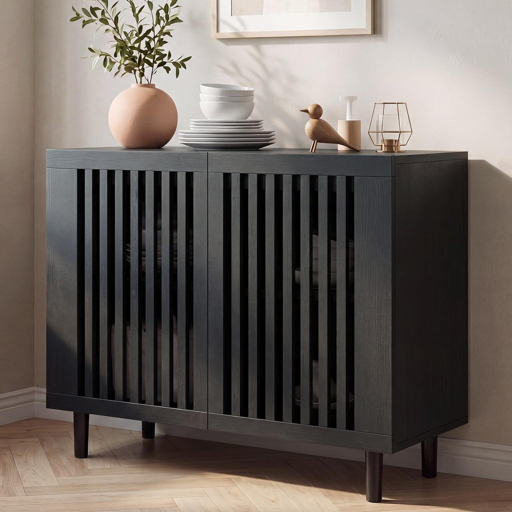 CHUWELL 31.5" Farmhouse Buffet Cabinet with Storage, Modern Black Sideboard Coffee Bar Cabinet with Grille-Striped Doors & Adjustable Shelf, Accent Storage Cabinet with Solid Wood Feet for Dining Room